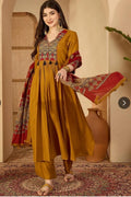 KIMAYRA Mustard Yellow Embroidered Empire Anarkali Kurta Set