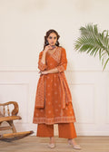 Angrakha Style Printed Cotton Kurta Set in Rusty Orange